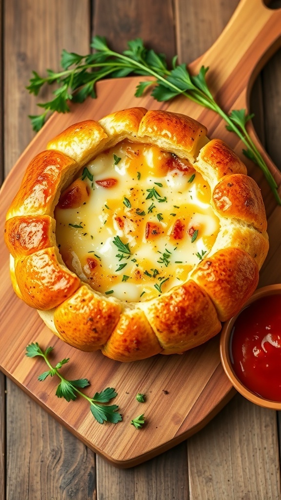 Cheesy Garlic Bread Bowl Recipe A cheesy garlic bread bowl filled with melted cheese, served with marinara sauce on a wooden board.